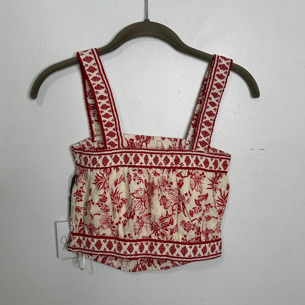 Japna Womens Red Floral Cotton Smocked Crop Top Sleeveless Boho Tank Medium‎ NWT